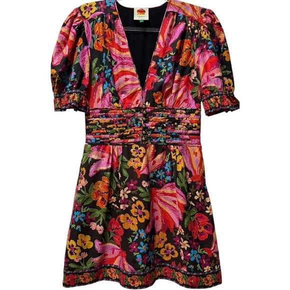 Farm Rio Vibrant Floral Print Bananas Deep V-Neck Puff Sleeve Mini Dress Small - Picture 4 of 9